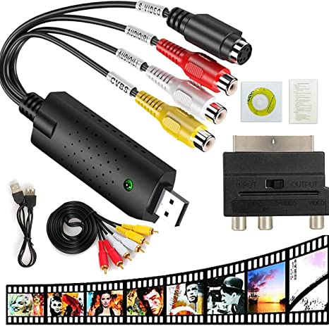 Vedio Capture Card Converter Hi8 VHS to Digital DVD Recorder Transfer, Video Grabber with Scart AV Adapter, Links your VCR Camcorder to PC
