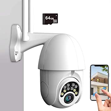 Hikity PTZ Security Camera Outdoor 1080P Dome Camera WiFi IP Camera Weatherproof Full Color Night Vision Two-Way Audio Motion Detection   64G TF Card