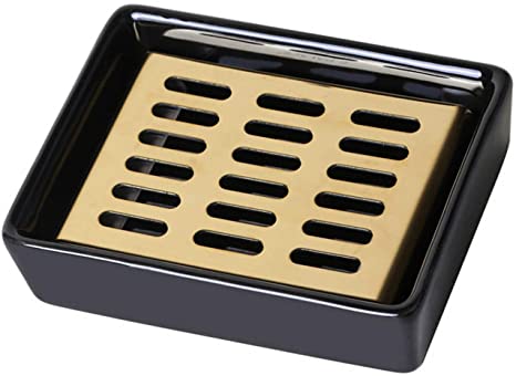 RAIKEDR Ceramic Soap Dish Stainless Steel Soap Holder for Bathroom, Soap Dish with Drain, Soap Saver, Easy Cleaning, Stop Mushy Soap (Black, 4.7" × 3.6" × 1.18")