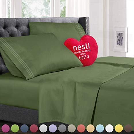 Split King Size Bed Sheets Set Calla Green, Bedding Sheets Set on Amazon, 5-Piece Bed Set, Deep Pockets Fitted Sheet, 100% Luxury Soft Microfiber, Hypoallergenic, Cool & Breathable