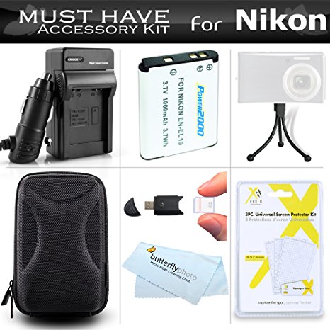 Must Have Accessory Kit For Nikon Coolpix S3700, S2800, S2900, S33, S7000, S6900, S4300, S5200, S6500, S3200, S4200 S6800, S3600 Digital Camera Includes Replacement EN-EL19 Battery   Charger   Case