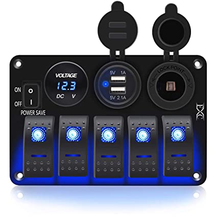 FXC Waterproof Rocker Switch Panel 5 Gang with 3.1A Dual USB Slot Socket   Cigarette Lighter  LED Voltmeter with Power Save for Car Rv Vehicles Truck(5Gang Blue LED)