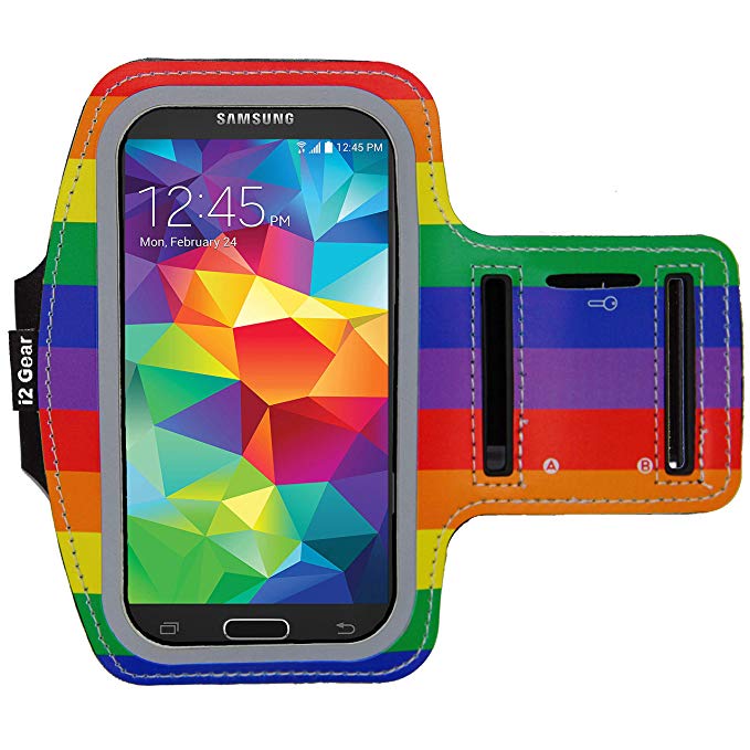 i2 Gear Cell Phone Armband Case for Running - Workout Phone Holder with Adjustable Arm Band and Reflective Border - Medium Armband for iPhone 8, 7, 6, 6S, Galaxy S6, S5, S4 - LGBT Gay Pride Rainbow