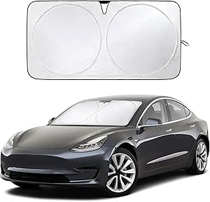 Econour Tesla Windshield Sun Shade for Model 3 and Y | Reflective 240T Material Blocks Sun & Heat | Offers Protection for Car Interior | Foldable Sun Blocker with Storage Pouch | Tesla Car Accessories