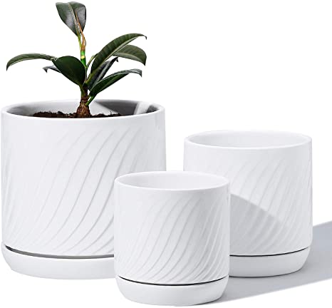 POTEY 053303 Ceramic Planter Pots - Glazed Ceramic Modern Planters Indoor Bonsai Container for Plants Flower Aloe(Set of 3-6.6   5.1   4.2 Inch, Shiny White, Plants Not Included)