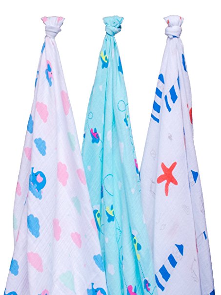 100% Organic Cotton Muslin Swaddle Baby Blankets (Set of 3)