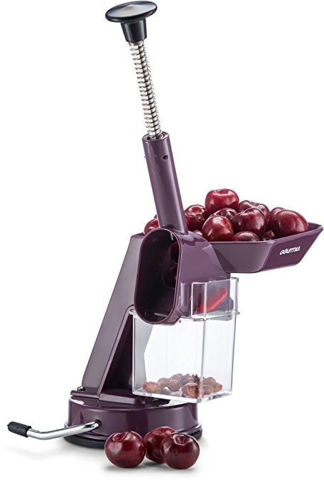 Gourmia GCC9630 Cherry Pitter and Corer - Quickly Removes Pits from Cherries – Plunger Piston, Suction Cup No Skid Base, Waste Bin – BPA Free, Dishwasher Safe