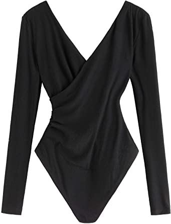 DIDK Women's Sexy V Neck Long Sleeve Wrap Solid Bodysuit