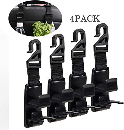 Amooca Car Seat Headrest Hooks Vehicle Car Headrest Hooks Hanger 4 Pack Storage Organizer-Strong and Deep Universal for Handbags Purses Coats and Bottle Holder Black