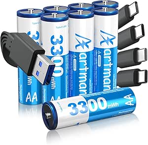 Artman USB Rechargeable AA Lithium Batteries, 1.5V Double A Batteries with 4-in-1 USB-C Charging Cable, Rechargeable Lithium AA Battery for Blink Camera, Remote Controller, Flashlight (8 Pack)