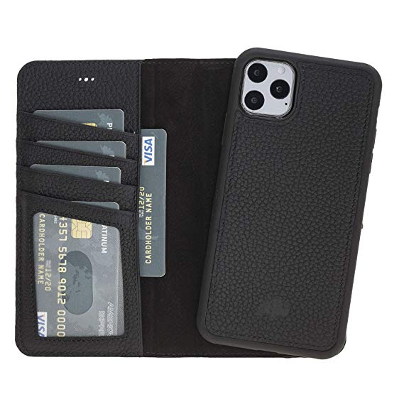 Burkley Case Magnetic Detachable Leather Wallet Case Compatible with iPhone 11 Pro MAX (6.5") with Flap Closure and Premium Snap-on | Book Style Cover with Card Holders (Pebble Black)