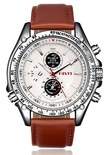 Men's White Decorative Chron Dial Brown Pu Leather Strap Quartz Movement Wrist Watch