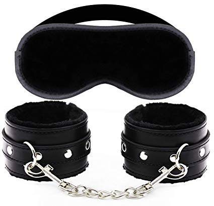 Soft Velvet Cloth Blindfold Eye Mask, Fur Leather Handcuffs Good for Sex Play