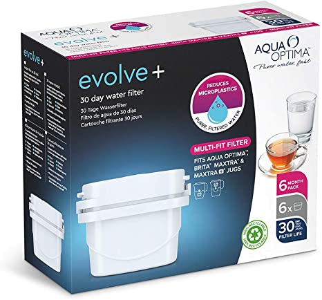 Aqua Optima Evolve  30 Day Water Filter Cartridge, White, 6 pack (up to 6 months supply)