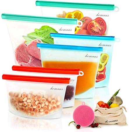 Reusable Silicone Food Storage Bags -2xLarge 1500ml, 2xMedium 1000ml, 2x Small 500ml,with 2 bonus gift,Sandwich Bags, Leakproof, Dishwasher Safe, Microwave Freezer, Maintain Freshness and Food Quality