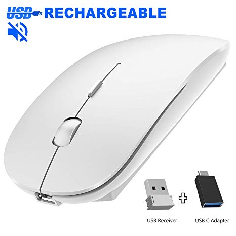 Rechargeable Wireless Mouse, Pasonomi 2.4G Slim Silent Click Noiseless Optical Mouse with USB Receiver (Stored at Bottom of The Mouse) Compatible with Notebook, PC, Laptop, Computer, MacBook,White