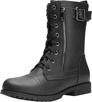 DREAM PAIRS Women's Mid Calf Built-in Wallet Pocket Lace up Military Combat Boots