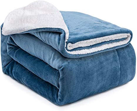 BUZIO Sherpa Fleece Throw Blanket, Luxurious Reversible Plush Blanket, Soft and Fuzzy, Queen Size, 90”x90”, Slate Blue