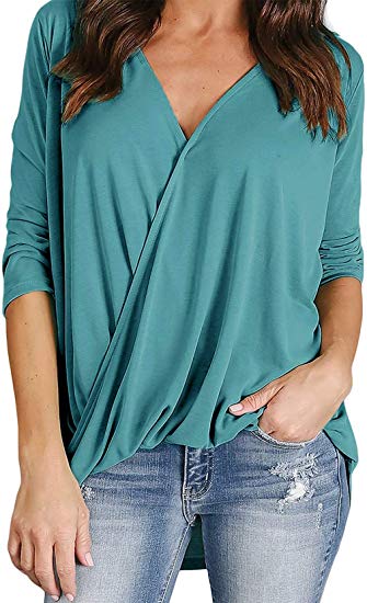 Hisweet Women Wrap Tops V Neck Faux Surplice Twist Front 3/4 Long Sleeve Office Blouse Shirts