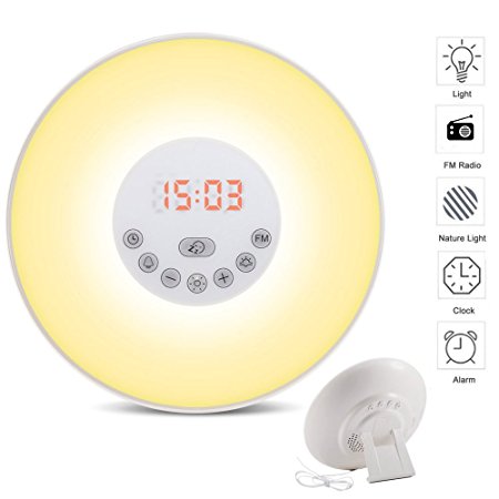 Amagle Wake-Up Light Alarm Clock Sunrise Simulation Bedside Lamp FM Radio with Nature Sounds 7 Color Dimmable Touch Control Atmosphere Night Light