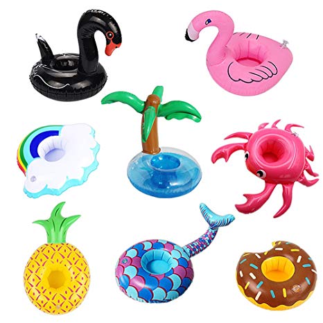 PETUOL Inflatable Drink Holders, 9 Packs Drink Floats Inflatable Cup Coasters for Pool Party and Kids Bath Toys (Mermaid Unicorn Swan Flamingo Crab Pineapple Crab Donut Palm tree Rainbow)