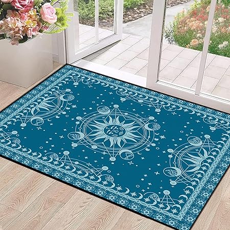 Sun and Moon Rug Boho Celestial Area Rugs for Bedroom Dorm Living Room Bohemian Occult Crescent Solar Stars Galaxy Floor Mat Pad Doormat Carpet,47" X 31",Blue Sapphire