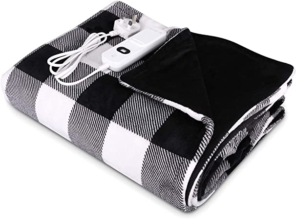 Navaris Electric Heated Wrap - Wearable Throw Blanket Soft Plush Electric Heated Cape with 3 Heat Settings and Auto Shut Off Timer - Black/White