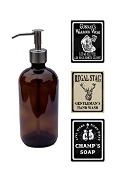 16 oz Men's Glass Soap Dispenser With Waterproof Labels by Milkweed Farms (Amber)