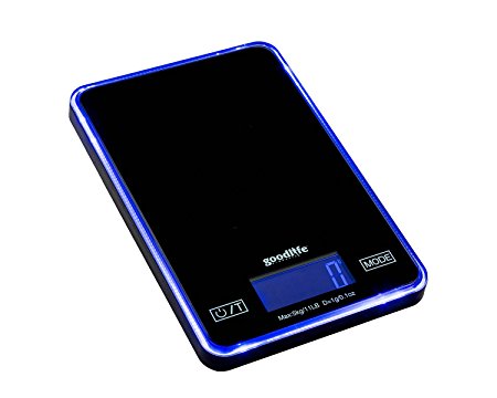 GoodLifeProducts Digital Kitchen Food Weighing Scale, 0.1oz - 11lb, Weighs In Oz/lb/gm/kg, High Precision, Big Neon Blue Display with 3 Minute Auto Shut Off, Battery Included, Black w/ Neon Blue Edge Lighting