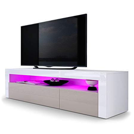 Vladon TV Stand Unit Valencia, Carcass in White matt/Front in Sand grey High Gloss a frame in White High Gloss