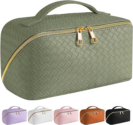Large Capacity Travel Cosmetic Bag, Multifunctional Storage Makeup Bag Woven Leather Makeup Bag, Waterproof Travel Cosmetic Bags with Handle and Divider for Women