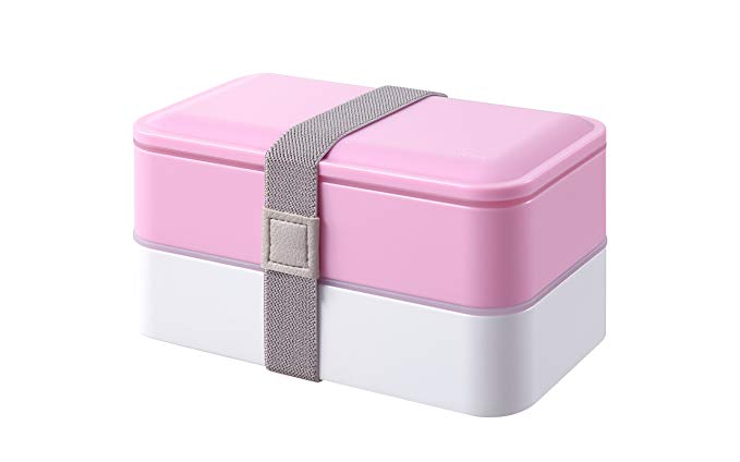 PuTwo Lunch Box, Bento Box Containers with Cutlery, Double Stackable Boxes, Leakproof, Microwave, Freezer, Dishwasher Safe, BPA-Free, Pink