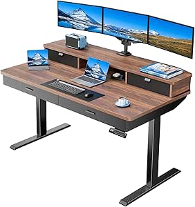 HUANUO 55 x 30 inch Electric Standing Desk with 4 Drawers, Adjustable Height Sit Stand Home Office Desk with Two Tiers, Ergonomic Adjustable Stand up Desk with Monitor Stand, Walnut