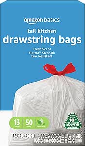 Amazon Basics Flextra Tall Kitchen Drawstring Trash Bags, 10% Post Consumer Recycled Content, Clean Fresh Scent, 13 Gallon, 50 Count, Pack of 1