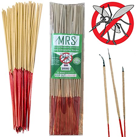 MRS Mosquito Repellent Sticks Citronella Lemongrass - 15" Insect Repellent Incense Sticks - 100% Natural - Burn 30 Mins Each - 50 Hours - BEST VALUE (Pack of 100)