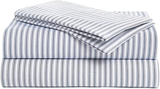 Peru Pima - 415 Thread Count Percale - 100% Peruvian Pima Cotton - King Bed Sheet Set, Nautical Stripe Blue