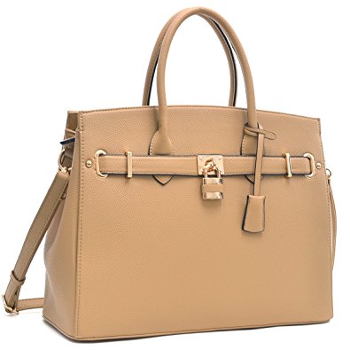 Dasein Faux Leather Padlock Structured Briefcase Satchel Handbag, Tablet, iPad Bag, Shoulder Bag