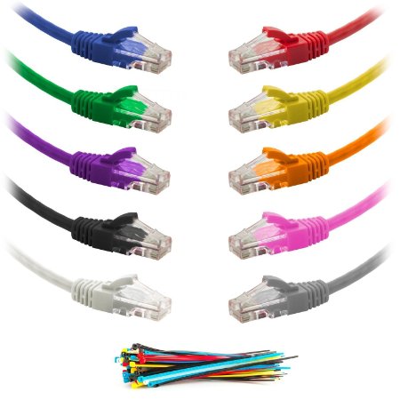 Aurum Cables 6 Inch 10 Pack Multicolored Combo, Cat6 Snagless Network Ethernet Patch Cable - Blue, Green, Purple, Black, White, Red, Yellow, Orange, Pink, Gray