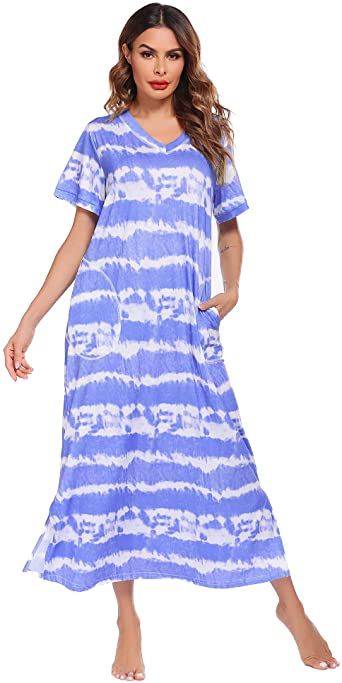 Ekouaer Women’s Long Nightgown Short Sleeve Pajama Nightshirts Sleepwear with Pockets