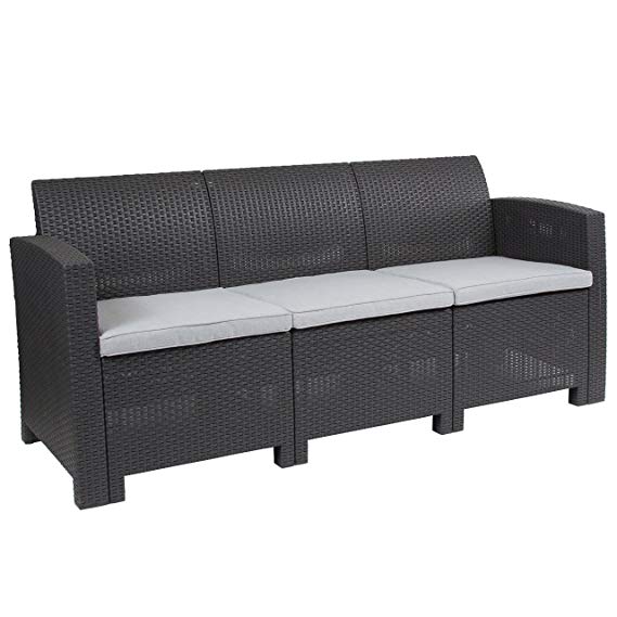 Flash Furniture Dark Gray Faux Rattan Sofa with All-Weather Light Gray Cushions