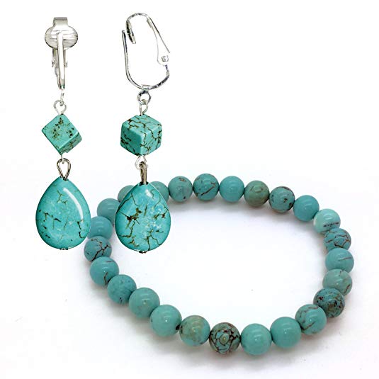 Trendy Turquoise Clip On Earrings for Women, Girls- Teardrop & Cube Clip-on Earrings w Pierced Look, Clip