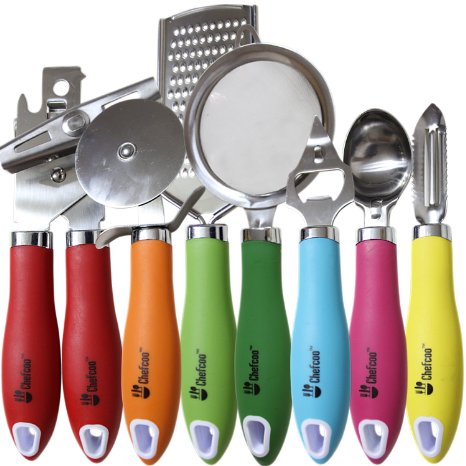 Kitchen Gadgets Utensils Cooking Tools Set By Chefcoo8482 - Stainless-Steal 7 Pieces All-in-one Chef Set - Peeler Ice Cream Scoop Bottle Opener Can Opener Pizza Cutter Grater and Tea Strainer