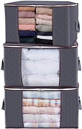 Lifewit Sac de Rangement pour Couette en épais Non-tissé Sac de Rangement sous Lit pour Édredons Couvertures Oreillers Jouets Vestes Vêtements, Gris, 60 x 43 x 35 cm, Lot de 3