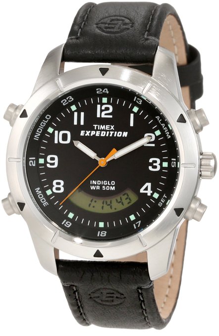 Timex Mens T49827 Expedition Rugged Chronograph Analog-Digital  Black Leather Strap Watch