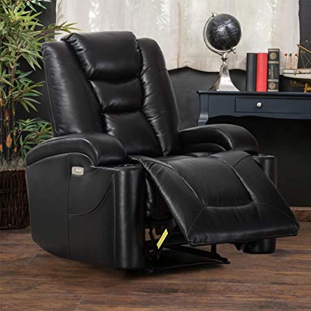 CANMOV Electric Power Recliner Chair with 90°-145°Adjustable Back Angle, USB Charger, 2 Cup Holders and Storage Bag Bonded Leather Modern Living Room Sofa Chair, Black