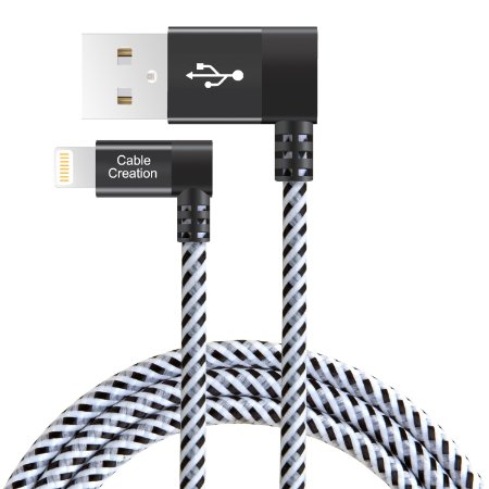 CableCreation Left Angle Lightning to USB Cable, 4FT Apple USB Data Sync Charge Cable for iPhone 6S/6, iPhone 5/5S/5C, Metal Plug & Cotton Jacket, Black & White