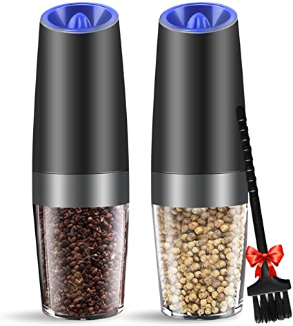 MOVNO Gravity Electric Salt and Pepper Grinder Set of 2 with Blue LED Light, Battery Powered Pepper Automatic Mill Grinder with a Brush, Adjustable Coarseness, One Hand Operation, Black 2 pack