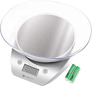 Etekcity Balance de Cuisine Electronique de Haute Précision en Acier Inoxydable, Multi-Fonction, 5kg/11lb, Bol Amovible, Mesure de Liquide (argenté)