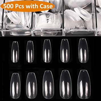 BTArtbox 500pcs Coffin Nails Long Clear Fake Nails Tips Full Cover Acrylic Artificial False Nails with Case for Nail Salons and DIY Nail Art, 10 Sizes