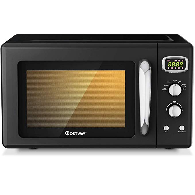 COSTWAY Retro Countertop Microwave Oven, 0.9Cu.ft, 900W Microwave Oven, with 5 Micro Power, Defrost & Auto Cooking Function, LED Display, Glass Turntable and Viewing Window, Child Lock, ETL Certification (Black)